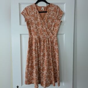 Pact Floral Fit & Flare Crossover Dress Short Sleeve Cotton Women's Size M